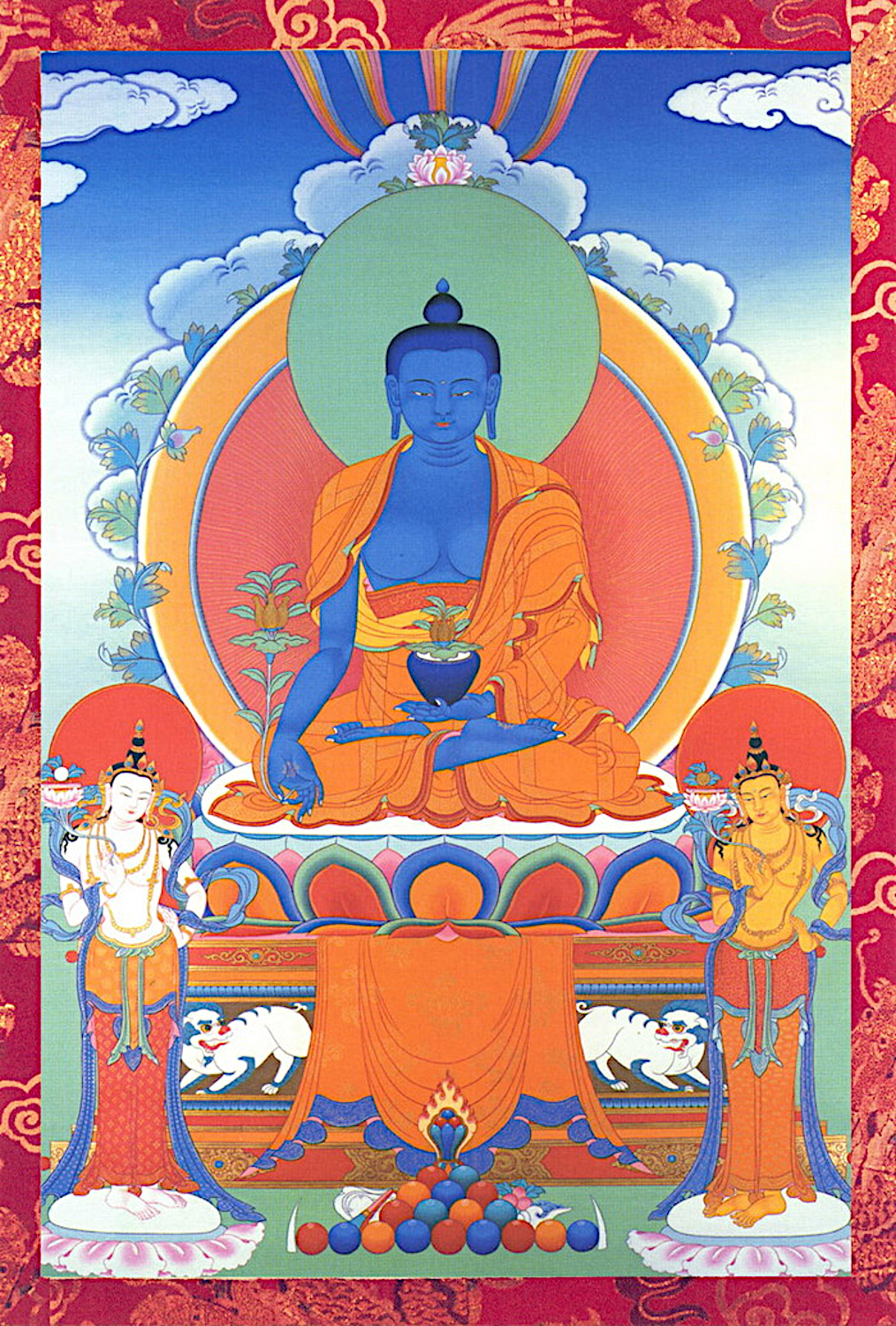 A picture of the Medicine Buddha, a blue being sitting on a lotus flower a bowl of medicine