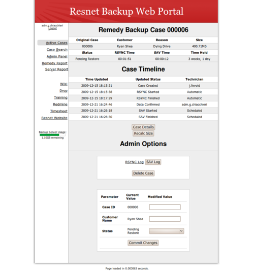 Resnet Backup Web Portal Case Page Screenshot