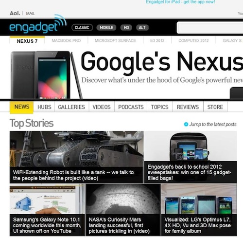 Node.js robot on front page of Engadget